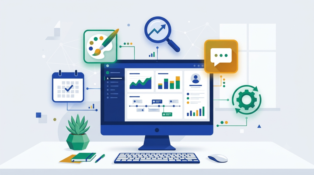 Illustration of social media management components including content calendar scheduling analytics and engagement