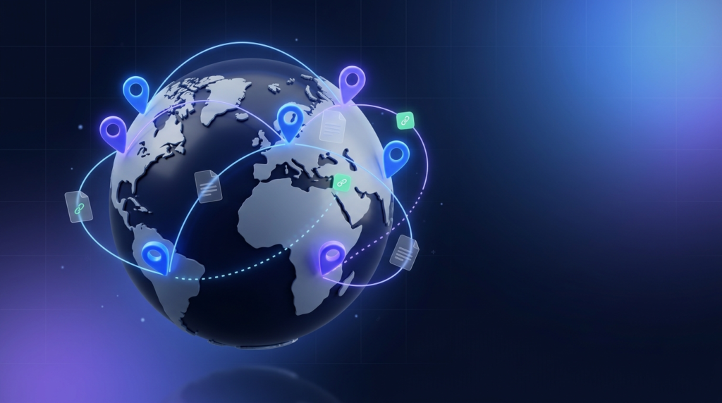 International guest posting shown as a 3D globe with linked location pins connecting backlinks across global markets