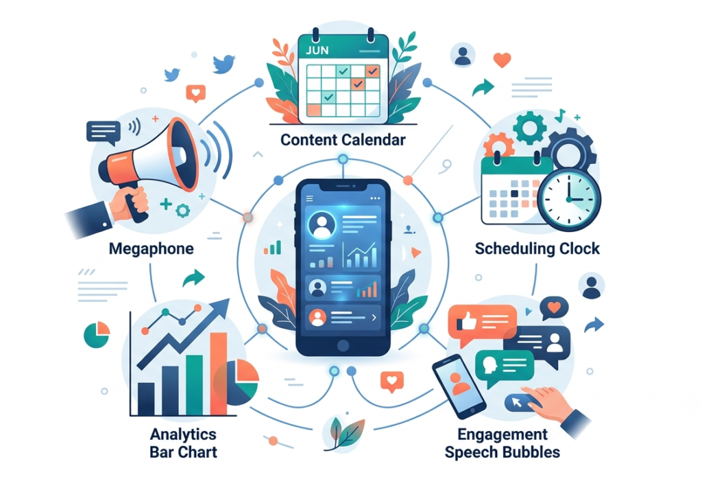 Social media management tools workspace showing scheduling design analytics and automation icons around a dashboard