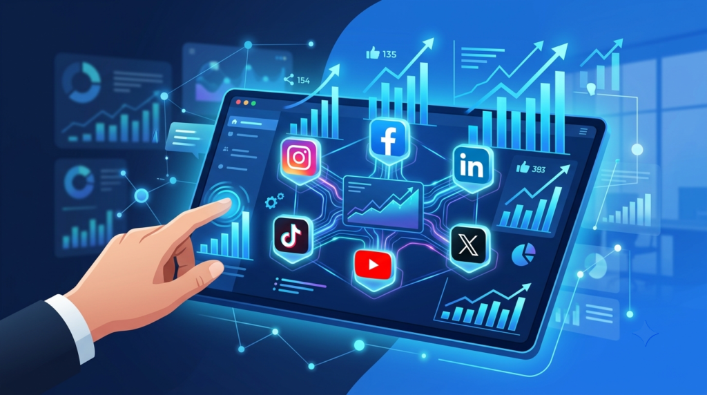 Seven step social media strategy path showing goals audience platforms content creation engagement and analytics
