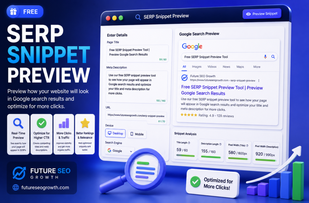 SERP snippet preview tool showing how a title tag and meta description appear in Google search results