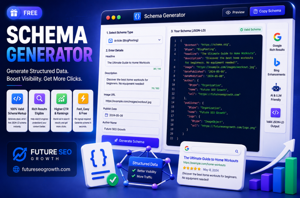 Schema markup generator creating valid JSON-LD structured data for articles, products, FAQs and local business pages