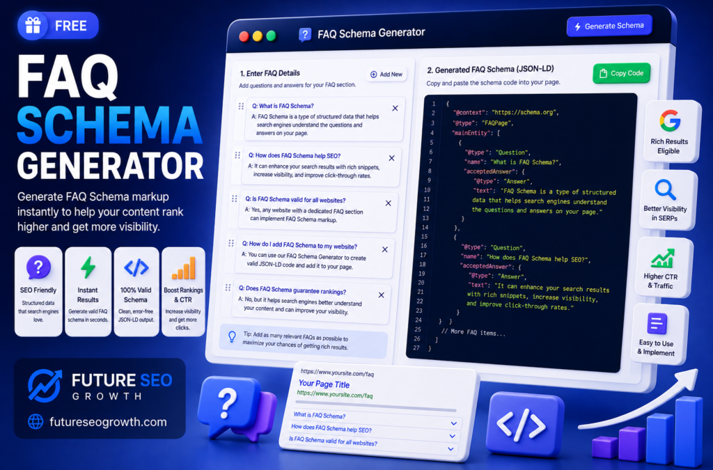 FAQ schema generator producing valid FAQPage JSON-LD structured data for a list of questions and answers