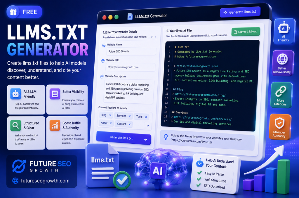 llms.txt generator creating a clean llms.txt file that guides AI crawlers and agents to a website key pages