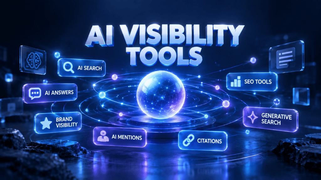 Glowing sphere circled by AI visibility labels: AI search, AI answers, brand visibility, AI mentions, citations