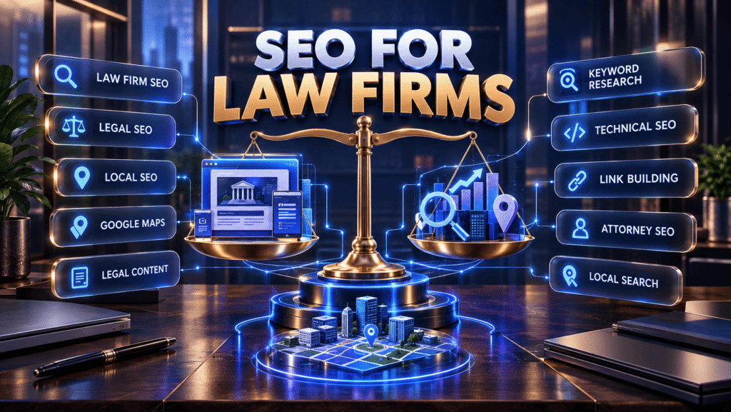 Brass scales weighing a law firm website against search growth, labelled local SEO, legal content and link building