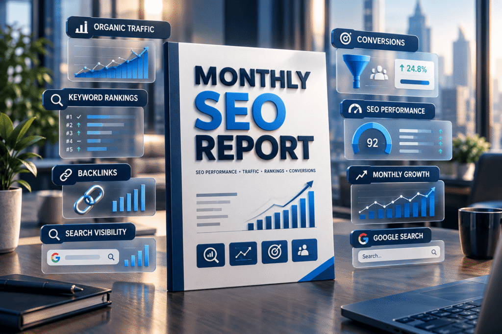 Monthly SEO report on a desk with panels for organic traffic, keyword rankings, backlinks and conversions