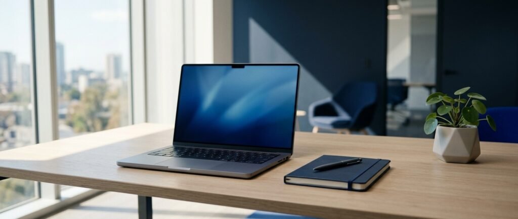 Modern office desk with a laptop and notebook representing SEO pricing and package planning