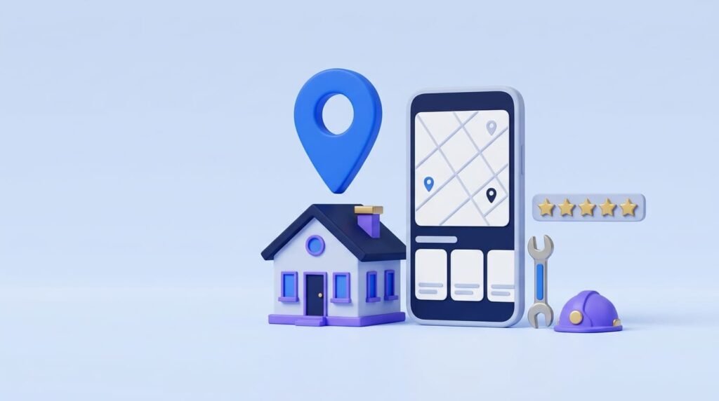 SEO for doctors illustration: a stethoscope beside a phone showing a clinic on a local map with a five-star rating