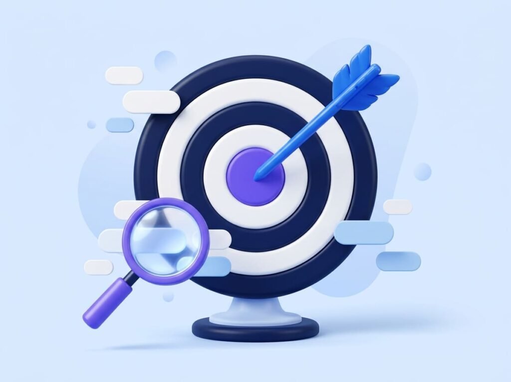SEO keyword research illustration: a blue arrow hitting the purple center of a target, with a magnifying glass in front of it